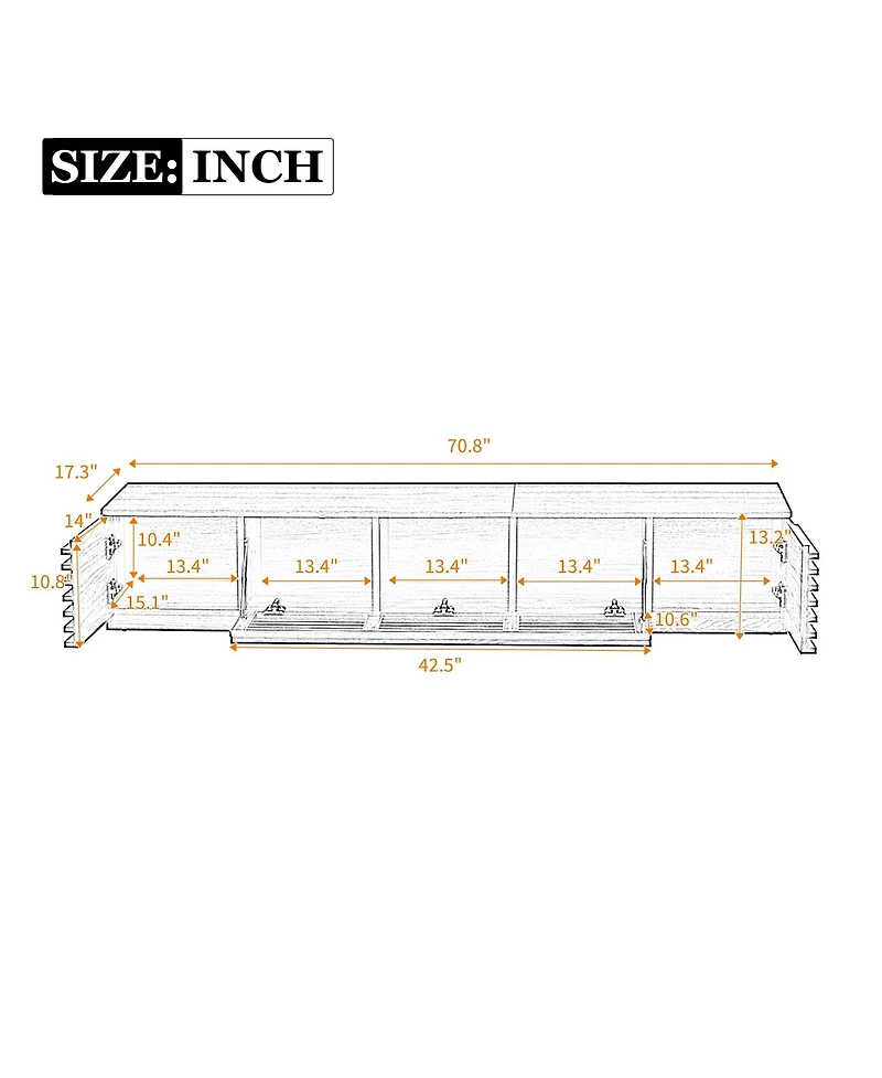 Rainsken 70 Inch Modern Tv Stand for TVs, Media Console with Fluted Details, Flip-Down Center Door and Side Cabinets for Living Room