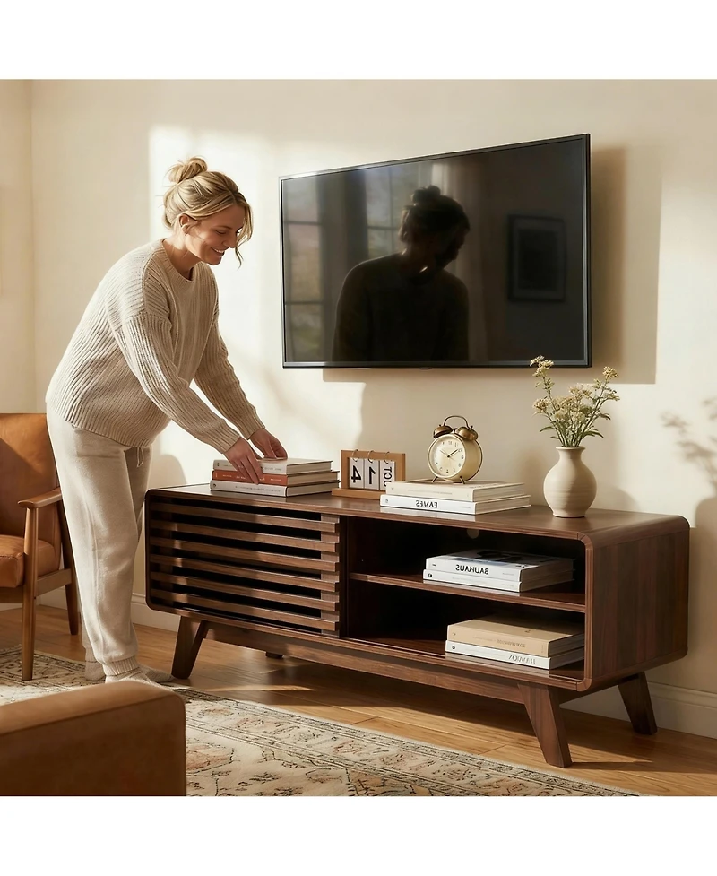 Rainsken Tv Stand with Slatted Sliding Door, Mid Century Modern Media Console Table for 50 Inch Tv, Entertainment Center for Living Room