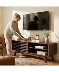 Rainsken Tv Stand with Slatted Sliding Door, Mid Century Modern Media Console Table for 50 Inch Tv, Entertainment Center for Living Room