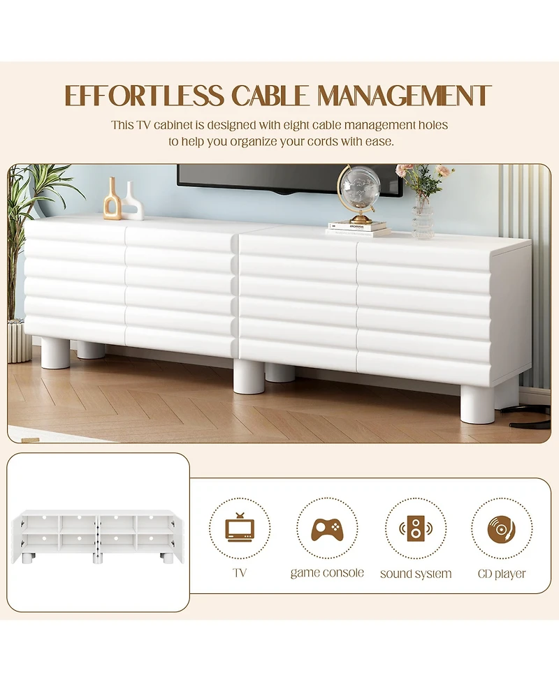 Rainsken Wavy Door Tv Stand for TVs , Modern Media Console Table with 4 Storage Cabinets and Adjustable Shelves for Living Room