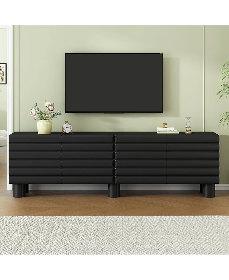 Rainsken Modern Wavy Door Media Console for 75-Inch TVs, Sleek Entertainment Center with 4 Storage Cabinets and Adjustable Shelves for Living Room