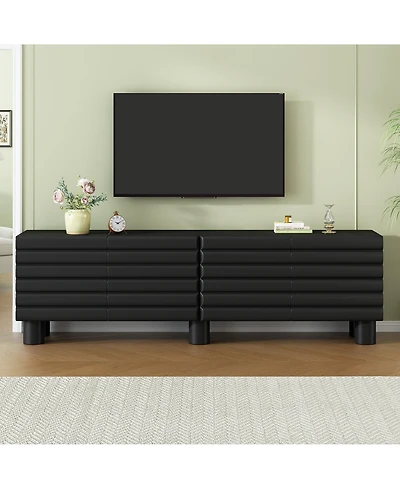 Rainsken Modern Wavy Door Media Console for 75-Inch TVs, Sleek Entertainment Center with 4 Storage Cabinets and Adjustable Shelves for Living Room