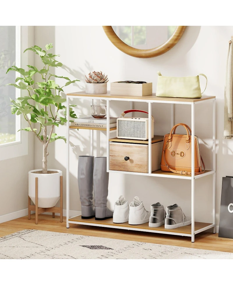 Gouun 40 in Console Table with Fabric Drawer and 4 Staggered Open Shelves