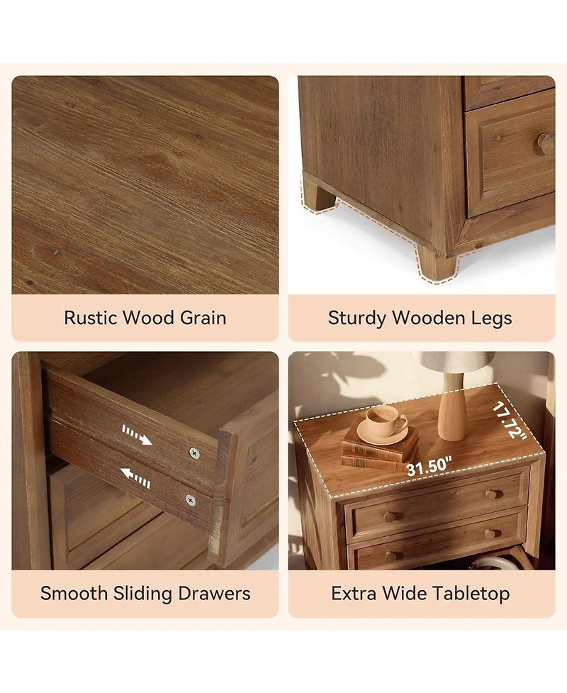 Tribesigns Solid Wood Nightstand with 3 Drawers Set of 2, 31.5 Wide Bedside Table with Round Wooden Knobs and Low-Profile Legs