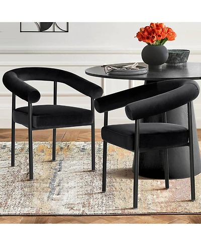 Maison Boucle Set of 2 Velvet Upholstered Dining Armchairs Curved Arms Metal Frame