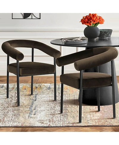 Maison Boucle Set of 2 Velvet Upholstered Dining Armchairs Curved Arms Metal Frame