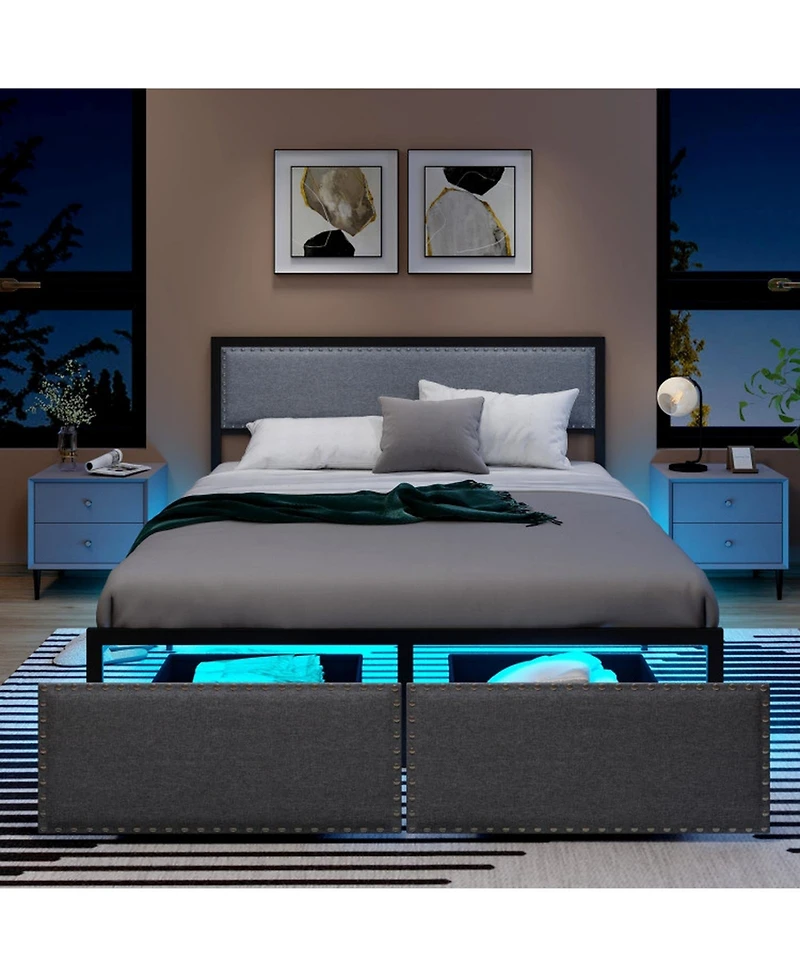 Gouun Queen Metal Platform Bed Frame with Led Lights and Storage Drawers