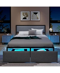 Gouun Queen Metal Platform Bed Frame with Led Lights and Storage Drawers