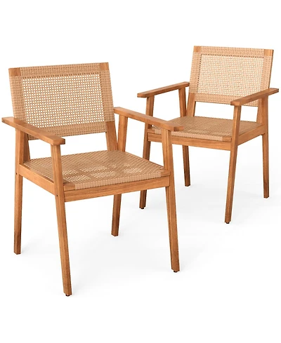 Sugift Acacia Wood Patio Dining Chairs Set of Two with Rattan Design