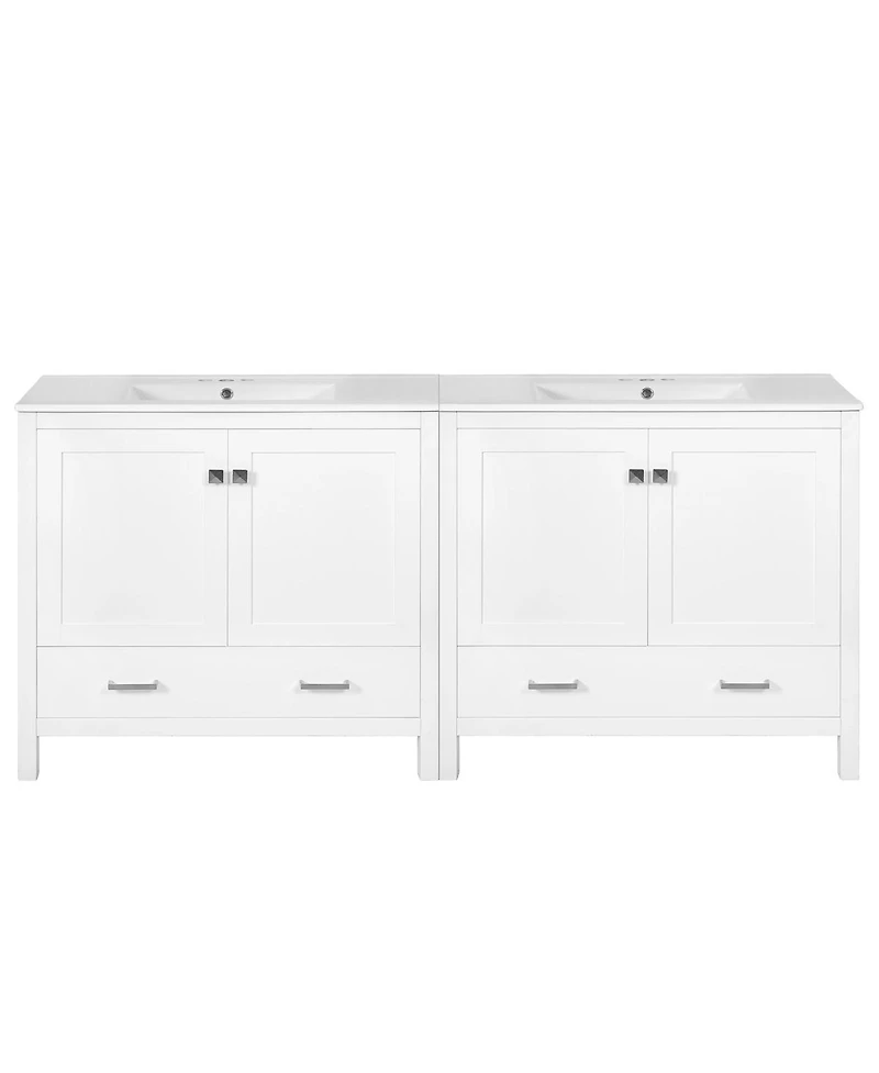 Sillysis 72 Inch Double Bathroom Vanity Set with Ceramic Sinks, Solid Wood Cabinet, Ample Storage and Soft Close Doors, Modern Freestanding