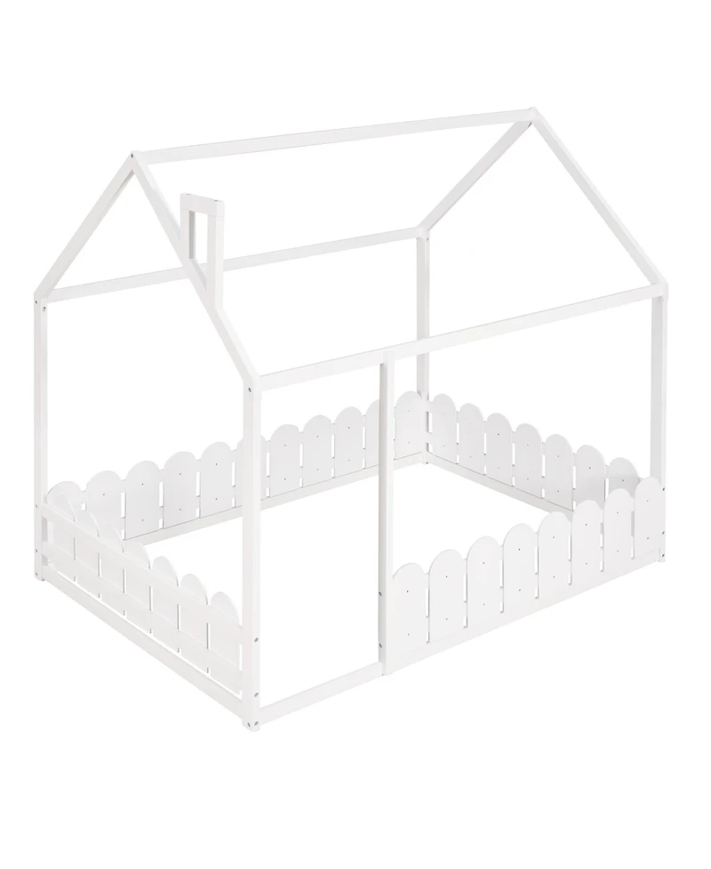 flynama Full Size Wood House Bed Frame with Surrounding Fence Roof Design for Kids Teens Boys and Girls