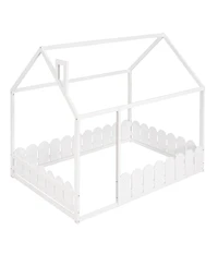 flynama Full Size Wood House Bed Frame with Surrounding Fence Roof Design for Kids Teens Boys and Girls