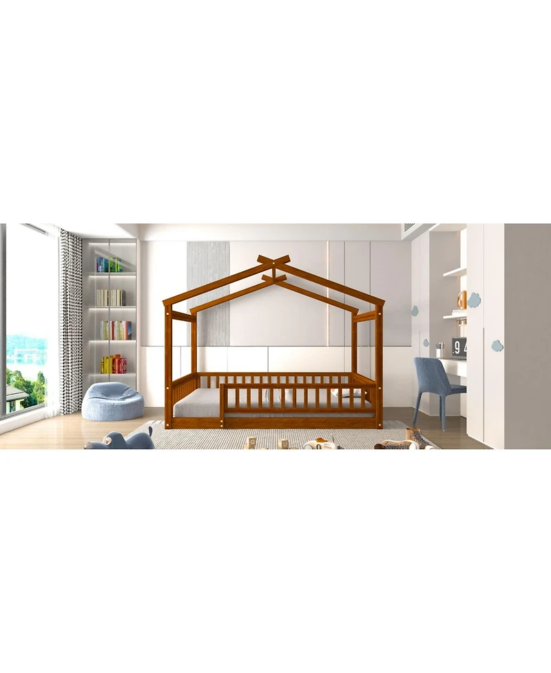 flynama Full Size Wood House Bed Fence