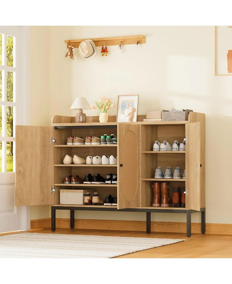 gaomon Oak Rattan 3-Door Shoe Cabinet - 8-Tier Adjustable Shelves Freestanding Large Entryway Storage