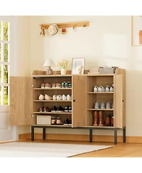 gaomon Oak Rattan 3-Door Shoe Cabinet - 8-Tier Adjustable Shelves Freestanding Large Entryway Storage