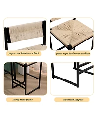 Rainsken Paper Rope Woven Bar Stools Set of 2, Modern Counter Height Chairs with Metal Frame and Footrest for Kitchen Island