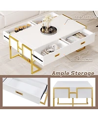 Rainsken Rectangular Coffee Table, Modern 47.4" Center Table with 4 Drawers and Gold Metal Base for Living Room