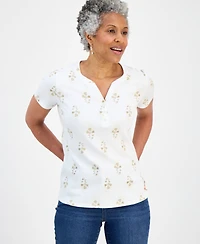 Style & Co Petite Floral-Print Short-Sleeve Henley Knit Top, Macy's Exclusive