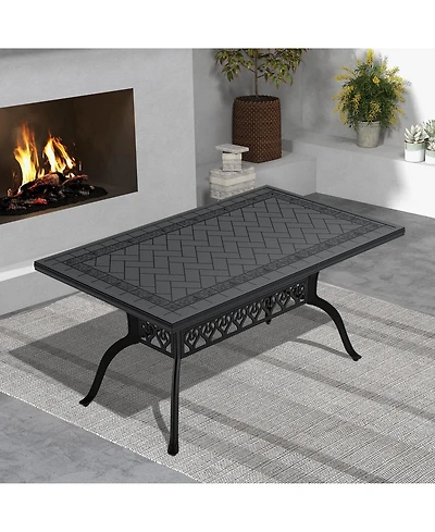 Clihome Cast Aluminum Patio Dining Table With Black Frame and Carved Texture on the Tabletop