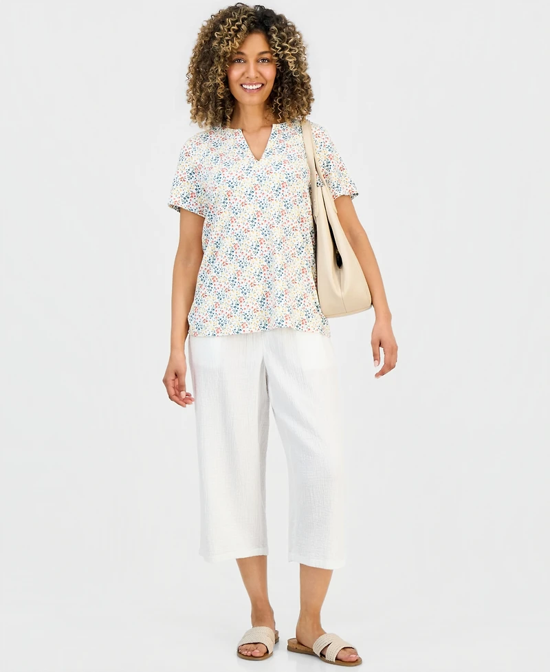 Style & Co Petite Floral-Print Short-Sleeve Split-Neck Yoke Top, Macy's Exclusive