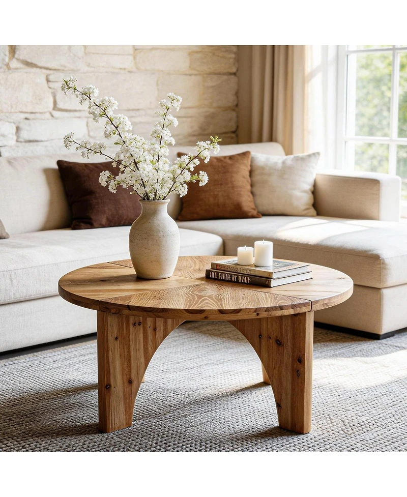 Tribesigns Solid Wood Round Coffee Table, Farmhouse Center Table with Curved Legs, Circle Cocktail Tea Table