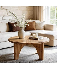 Tribesigns Solid Wood Round Coffee Table, Farmhouse Center Table with Curved Legs, Circle Cocktail Tea Table