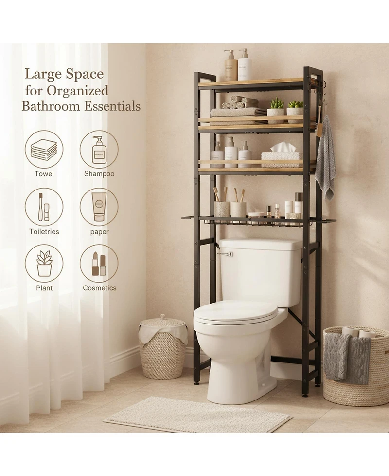 Yigii Over The Toilet Storage Rack 7 Tier Bathroom Organizer With Side Shelf Hooks Paper Holder Freestanding Quick Install