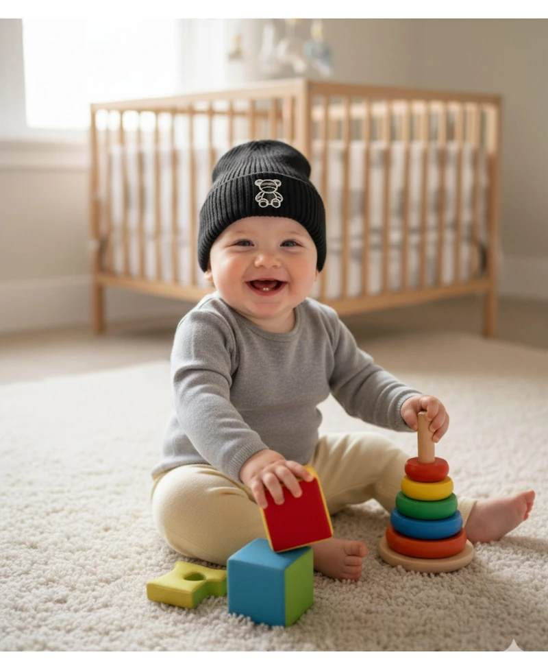 MeMoi Kids "Plaid Bear" Ribbed Rayon-Blend Embroidered Beanie