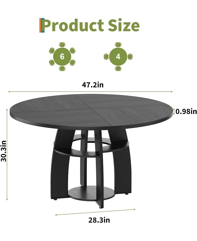 gaomon 47" Modern Farmhouse Round Dining Table for 4-6, Wood Kitchen Table with Storage Shelf and Adjustable Feet, Easy Assembly for Dining Room.