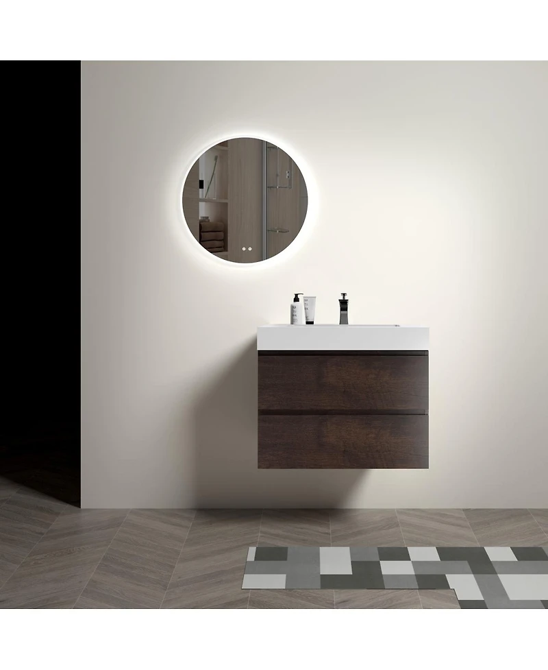 Thirtypeachy 30" Walnut Melamine Floating Vanity With Basin Sink, 3 Soft-Close Drawers Handle-Free, Pre-Assembled