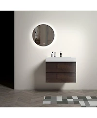 Thirtypeachy 30" Walnut Melamine Floating Vanity With Basin Sink, 3 Soft-Close Drawers Handle-Free, Pre-Assembled