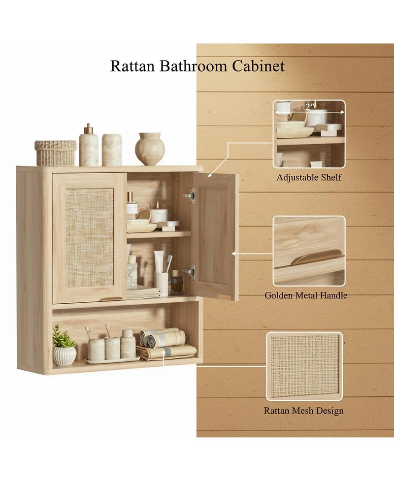 Yigii Rattan Wall Mounted Bathroom Cabinet Adjustable Shelf Over Toilet Storage Organizer Boho Style