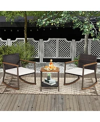 Gymax 3PCS Patio Rattan Rocking Chair Bistro Set Armrest Cushion Table w/ Storage Shelf