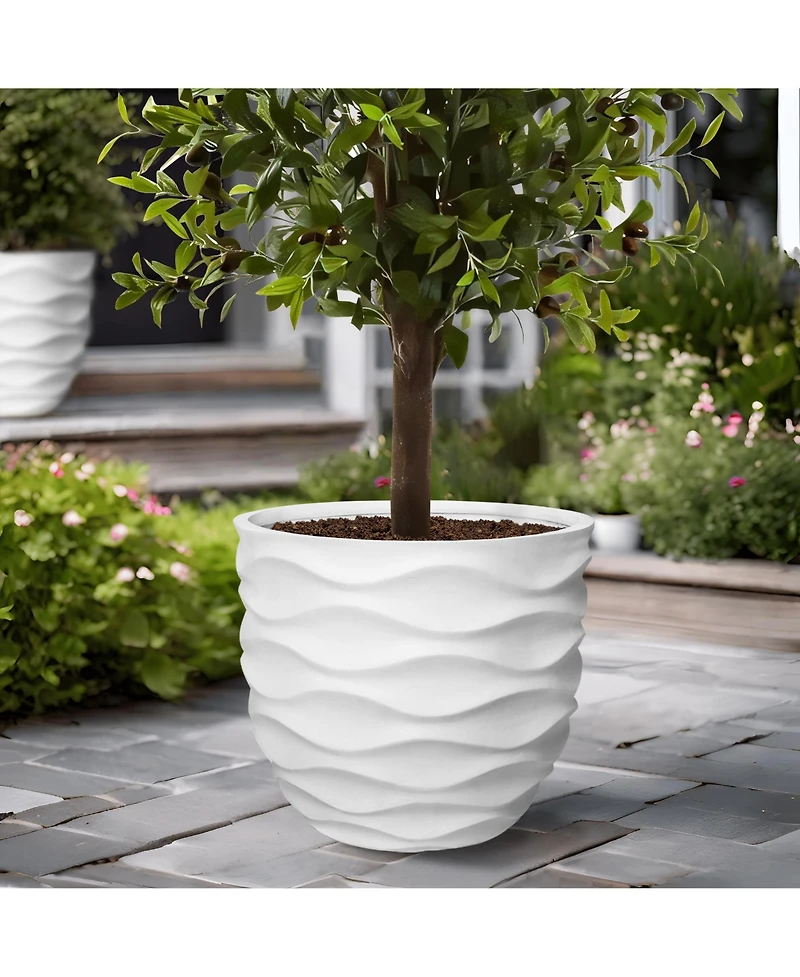 LuxenHome 17.4-Inch Round Waves MgO Planter, White