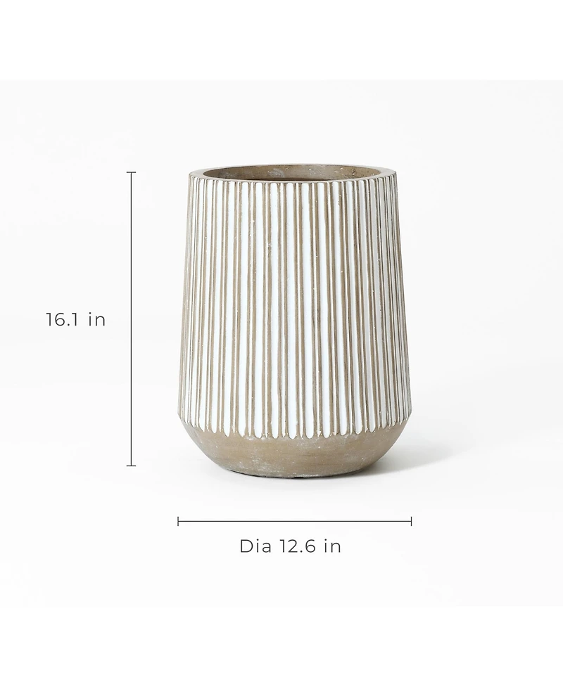 LuxenHome 12.6-Inch Round Brown and White Striped MgO Planter