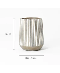 LuxenHome 12.6-Inch Round Brown and White Striped MgO Planter