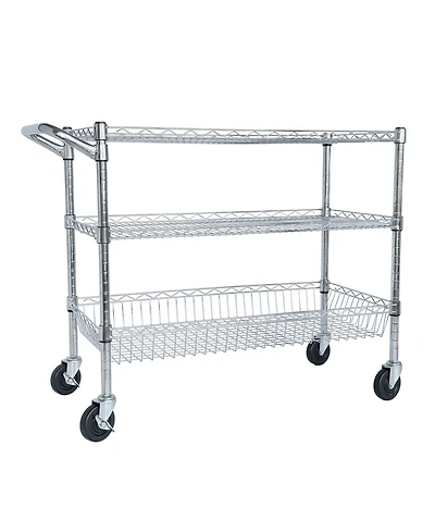 Rainsken Heavy Duty Rolling Utility Cart, 3 Tier Metal Kitchen Carts On Wheels with Handle Bar & Wire Shelf for Restaurant, Plant Display
