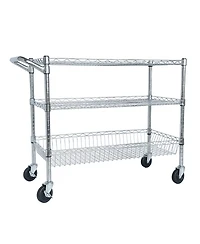 Rainsken Heavy Duty Rolling Utility Cart, 3 Tier Metal Kitchen Carts On Wheels with Handle Bar & Wire Shelf for Restaurant, Plant Display