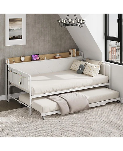 gaomon Daybed with Trundle and Led Lights, Upholstered Headboard with Charging Station, Sofa Bed for Living Room or Bedroom