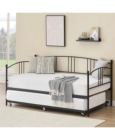 gaomon Twin Metal Daybed with Trundle, Pullout Trundle Bed with Casters, Steel Slat Support Sofa Bed for Bedroom,Guest Room