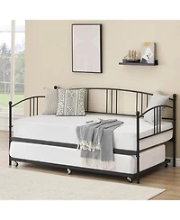 gaomon Twin Metal Daybed with Trundle, Pullout Trundle Bed with Casters, Steel Slat Support Sofa Bed for Bedroom,Guest Room