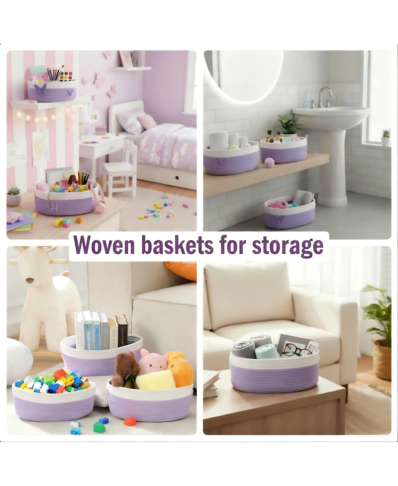 Yigii 3 Purple Butterfly Woven Cotton Baskets for Home Storage