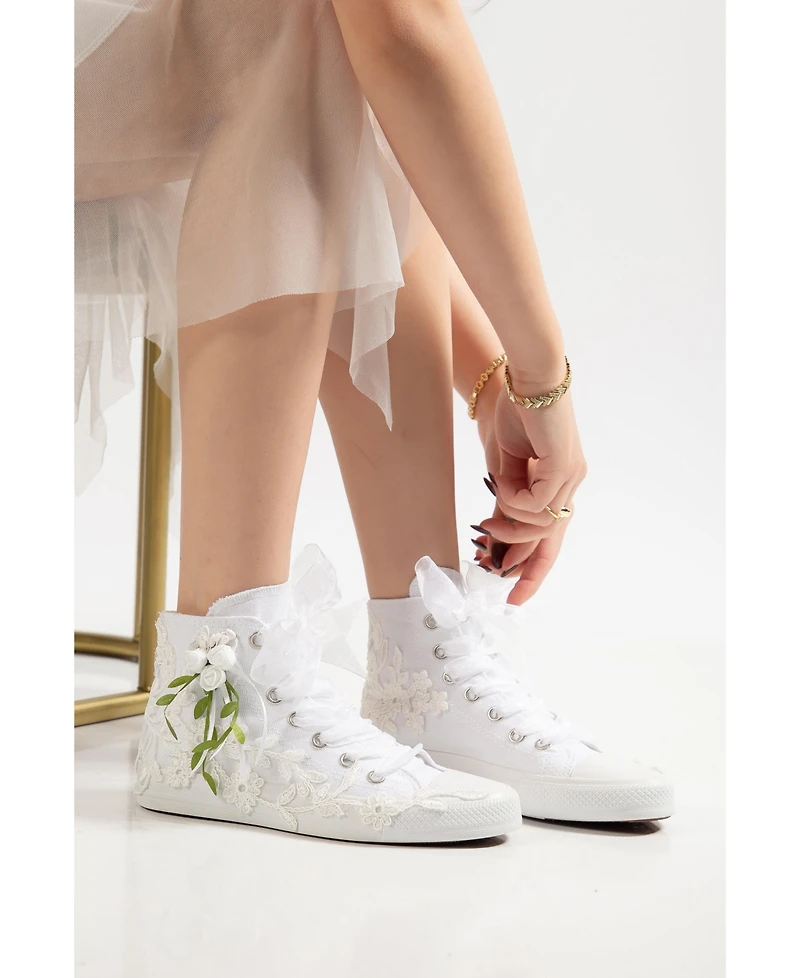 Forever & Always Shoes Women's Sylvara Floral Lace Ribbon Bridal High Top Sneaker