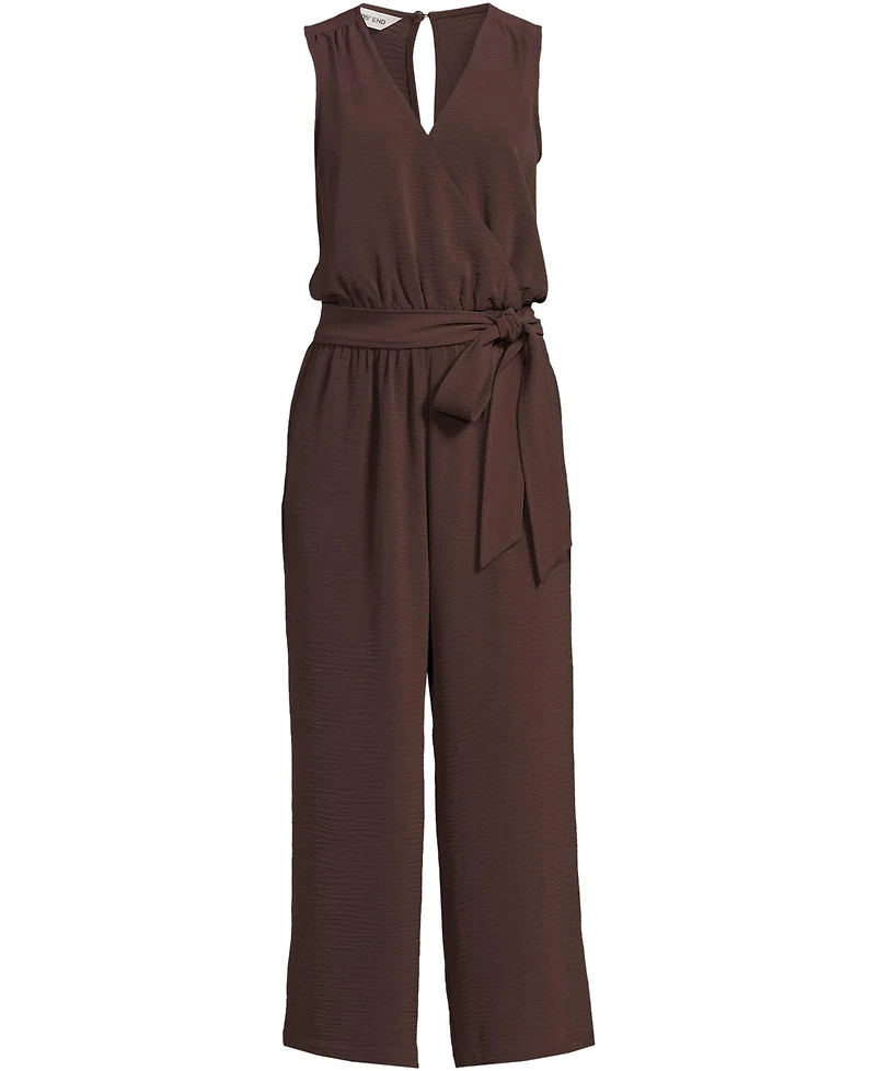 Lands' End Petite Sleeveless Creaseless Wrap Jumpsuit with Smocked Waist