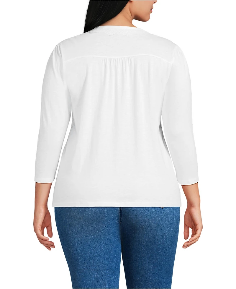 Lands' End Plus 3/4 Sleeve Slub V-neck Lace Trim Top
