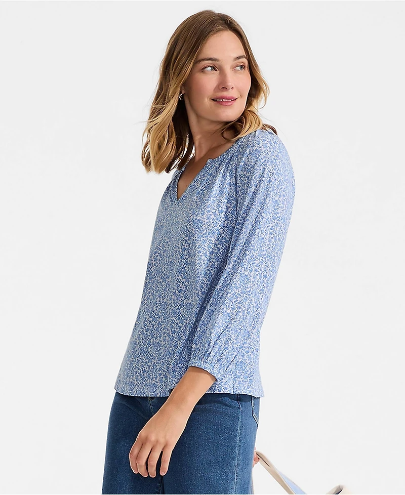 Lands' End Women's Lightweight Jersey 3/4 Sleeve Notch Neck Gather Blouse
