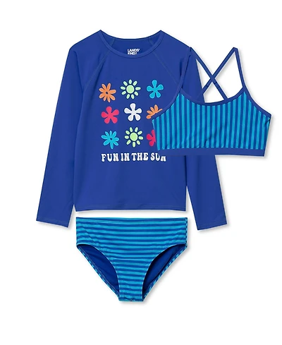 Lands' End Big Girls Plus Chlorine Resistant Long Sleeve Rash Guard Bikini 3 Piece Swimsuit Set