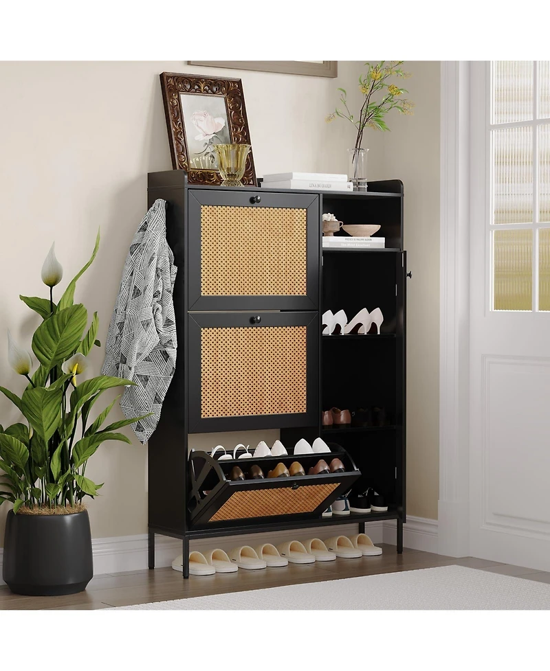 Homfan Shoe Storage Cabinet with 3 Flip Drawers, Rattan Hidden Freestanding Organizer Adjustable Shelves and Metal Knob for Entryway, Hallway