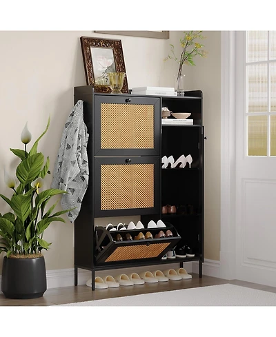 Homfan Shoe Storage Cabinet with 3 Flip Drawers, Rattan Hidden Freestanding Organizer Adjustable Shelves and Metal Knob for Entryway, Hallway
