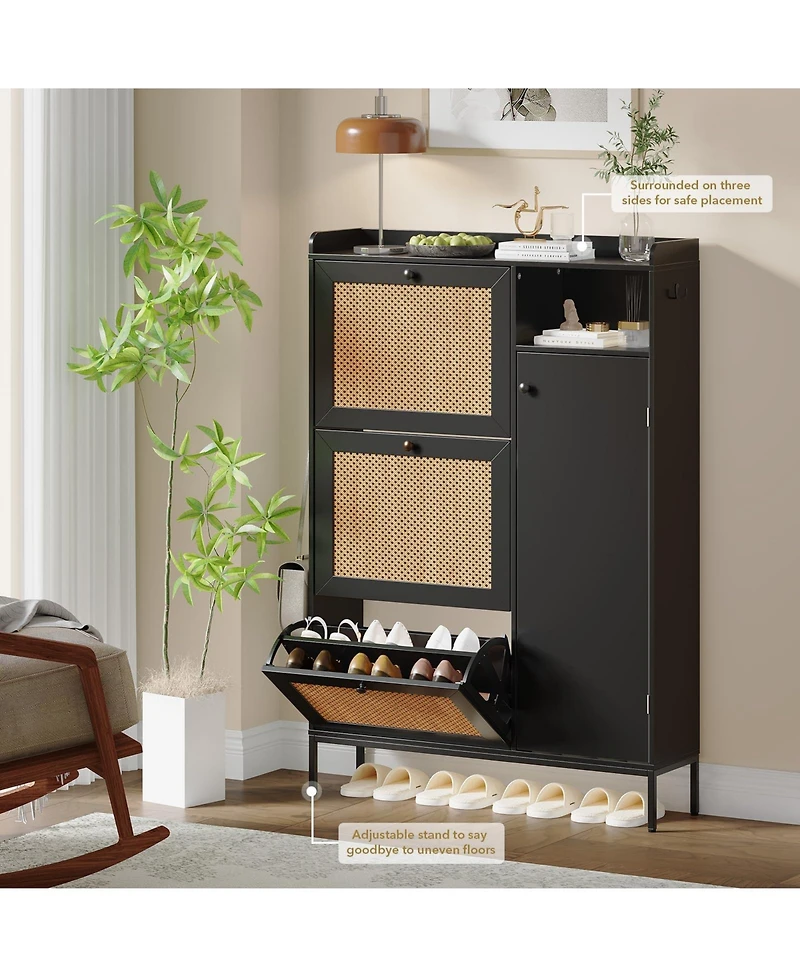 Homfan Shoe Storage Cabinet with 3 Flip Drawers, Rattan Hidden Freestanding Organizer Adjustable Shelves and Metal Knob for Entryway, Hallway